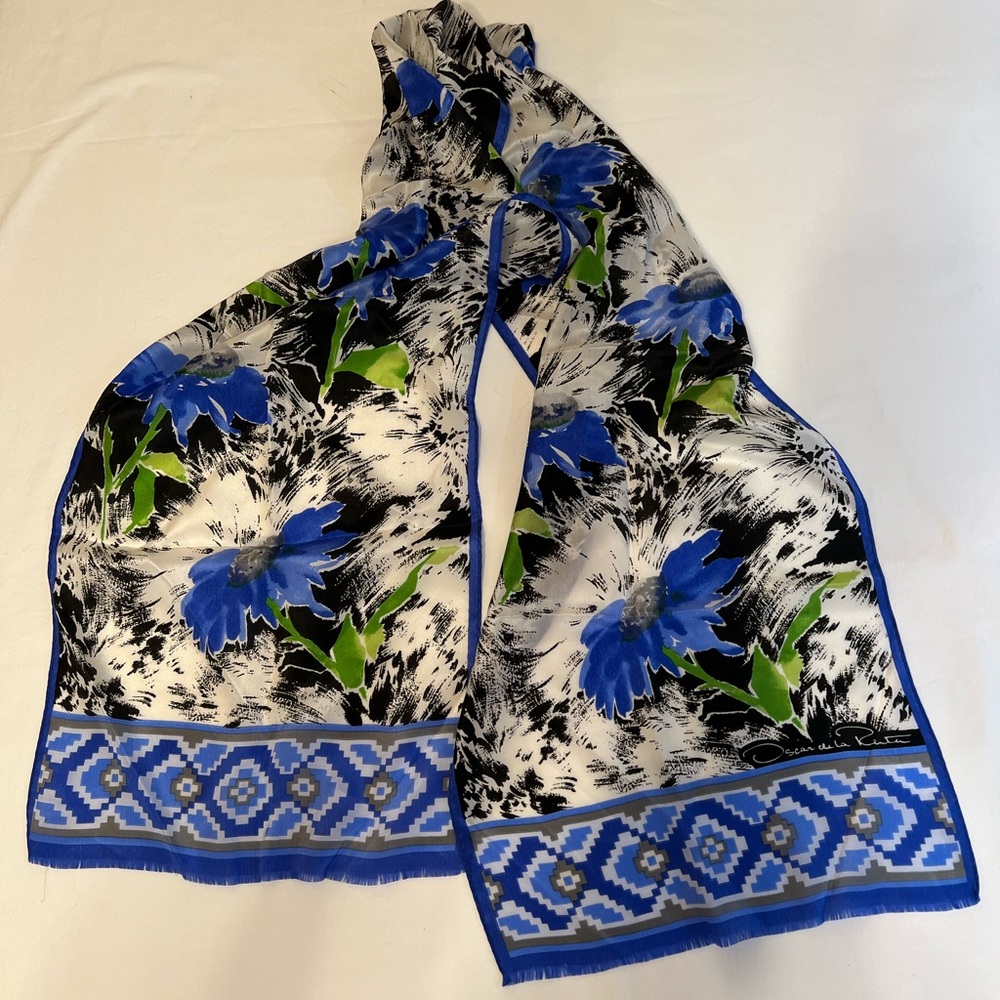 Oscar de la Renta abstract floral geometric trim silk long scarf